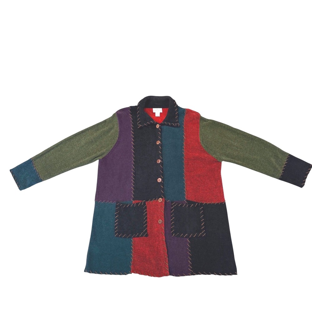 Kathy Levine VTG Y2K 2X Patchwork Cardigan Sweater Multicolor Knit Whipstitch